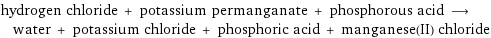 hydrogen chloride + potassium permanganate + phosphorous acid ⟶ water + potassium chloride + phosphoric acid + manganese(II) chloride