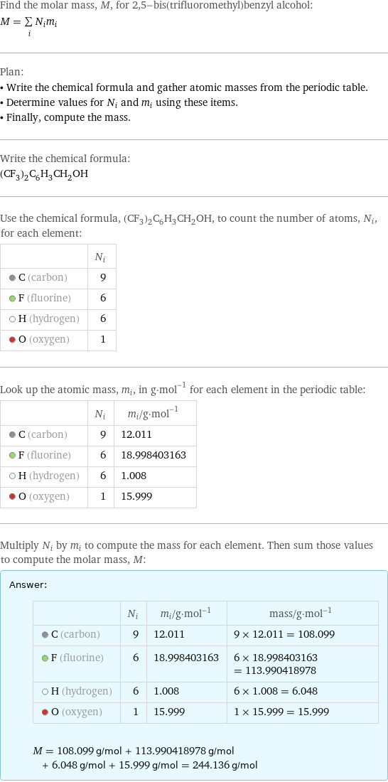 Find the molar mass, M, for 2, 5-bis(trifluoromethyl)benzyl alcohol: M = sum _iN_im_i Plan: • Write the chemical formula and gather atomic masses from the periodic table. • Determine values for N_i and m_i using these items. • Finally, compute the mass. Write the chemical formula: (CF_3)_2C_6H_3CH_2OH Use the chemical formula, (CF_3)_2C_6H_3CH_2OH, to count the number of atoms, N_i, for each element:  | N_i  C (carbon) | 9  F (fluorine) | 6  H (hydrogen) | 6  O (oxygen) | 1 Look up the atomic mass, m_i, in g·mol^(-1) for each element in the periodic table:  | N_i | m_i/g·mol^(-1)  C (carbon) | 9 | 12.011  F (fluorine) | 6 | 18.998403163  H (hydrogen) | 6 | 1.008  O (oxygen) | 1 | 15.999 Multiply N_i by m_i to compute the mass for each element. Then sum those values to compute the molar mass, M: Answer: |   | | N_i | m_i/g·mol^(-1) | mass/g·mol^(-1)  C (carbon) | 9 | 12.011 | 9 × 12.011 = 108.099  F (fluorine) | 6 | 18.998403163 | 6 × 18.998403163 = 113.990418978  H (hydrogen) | 6 | 1.008 | 6 × 1.008 = 6.048  O (oxygen) | 1 | 15.999 | 1 × 15.999 = 15.999  M = 108.099 g/mol + 113.990418978 g/mol + 6.048 g/mol + 15.999 g/mol = 244.136 g/mol