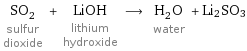 SO_2 sulfur dioxide + LiOH lithium hydroxide ⟶ H_2O water + Li2SO3