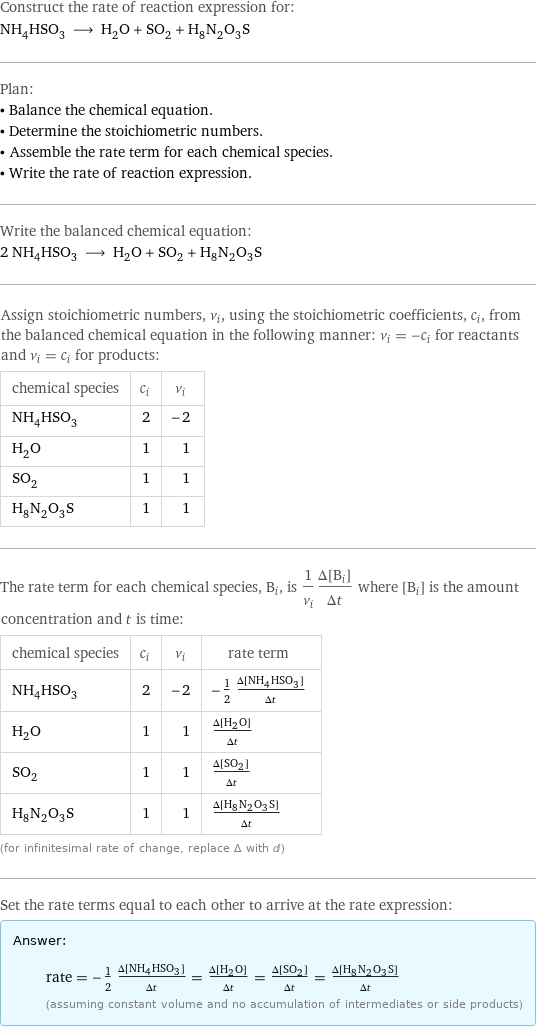 Construct the rate of reaction expression for: NH_4HSO_3 ⟶ H_2O + SO_2 + H_8N_2O_3S Plan: • Balance the chemical equation. • Determine the stoichiometric numbers. • Assemble the rate term for each chemical species. • Write the rate of reaction expression. Write the balanced chemical equation: 2 NH_4HSO_3 ⟶ H_2O + SO_2 + H_8N_2O_3S Assign stoichiometric numbers, ν_i, using the stoichiometric coefficients, c_i, from the balanced chemical equation in the following manner: ν_i = -c_i for reactants and ν_i = c_i for products: chemical species | c_i | ν_i NH_4HSO_3 | 2 | -2 H_2O | 1 | 1 SO_2 | 1 | 1 H_8N_2O_3S | 1 | 1 The rate term for each chemical species, B_i, is 1/ν_i(Δ[B_i])/(Δt) where [B_i] is the amount concentration and t is time: chemical species | c_i | ν_i | rate term NH_4HSO_3 | 2 | -2 | -1/2 (Δ[NH4HSO3])/(Δt) H_2O | 1 | 1 | (Δ[H2O])/(Δt) SO_2 | 1 | 1 | (Δ[SO2])/(Δt) H_8N_2O_3S | 1 | 1 | (Δ[H8N2O3S])/(Δt) (for infinitesimal rate of change, replace Δ with d) Set the rate terms equal to each other to arrive at the rate expression: Answer: |   | rate = -1/2 (Δ[NH4HSO3])/(Δt) = (Δ[H2O])/(Δt) = (Δ[SO2])/(Δt) = (Δ[H8N2O3S])/(Δt) (assuming constant volume and no accumulation of intermediates or side products)