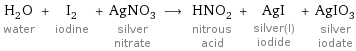 H_2O water + I_2 iodine + AgNO_3 silver nitrate ⟶ HNO_2 nitrous acid + AgI silver(I) iodide + AgIO_3 silver iodate