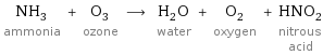 NH_3 ammonia + O_3 ozone ⟶ H_2O water + O_2 oxygen + HNO_2 nitrous acid