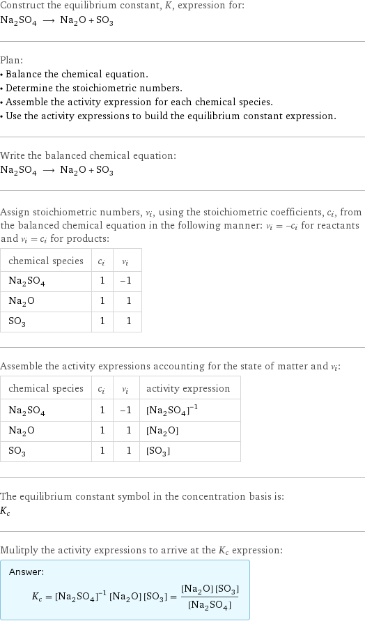 Construct the equilibrium constant, K, expression for: Na_2SO_4 ⟶ Na_2O + SO_3 Plan: • Balance the chemical equation. • Determine the stoichiometric numbers. • Assemble the activity expression for each chemical species. • Use the activity expressions to build the equilibrium constant expression. Write the balanced chemical equation: Na_2SO_4 ⟶ Na_2O + SO_3 Assign stoichiometric numbers, ν_i, using the stoichiometric coefficients, c_i, from the balanced chemical equation in the following manner: ν_i = -c_i for reactants and ν_i = c_i for products: chemical species | c_i | ν_i Na_2SO_4 | 1 | -1 Na_2O | 1 | 1 SO_3 | 1 | 1 Assemble the activity expressions accounting for the state of matter and ν_i: chemical species | c_i | ν_i | activity expression Na_2SO_4 | 1 | -1 | ([Na2SO4])^(-1) Na_2O | 1 | 1 | [Na2O] SO_3 | 1 | 1 | [SO3] The equilibrium constant symbol in the concentration basis is: K_c Mulitply the activity expressions to arrive at the K_c expression: Answer: |   | K_c = ([Na2SO4])^(-1) [Na2O] [SO3] = ([Na2O] [SO3])/([Na2SO4])