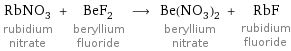 RbNO_3 rubidium nitrate + BeF_2 beryllium fluoride ⟶ Be(NO_3)_2 beryllium nitrate + RbF rubidium fluoride