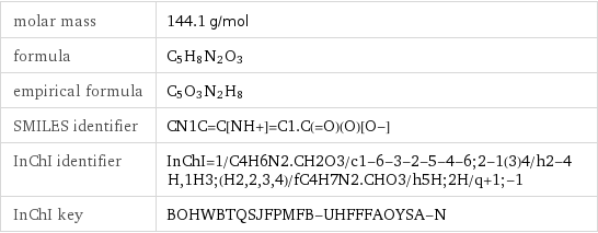 molar mass | 144.1 g/mol formula | C_5H_8N_2O_3 empirical formula | C_5O_3N_2H_8 SMILES identifier | CN1C=C[NH+]=C1.C(=O)(O)[O-] InChI identifier | InChI=1/C4H6N2.CH2O3/c1-6-3-2-5-4-6;2-1(3)4/h2-4H, 1H3;(H2, 2, 3, 4)/fC4H7N2.CHO3/h5H;2H/q+1;-1 InChI key | BOHWBTQSJFPMFB-UHFFFAOYSA-N