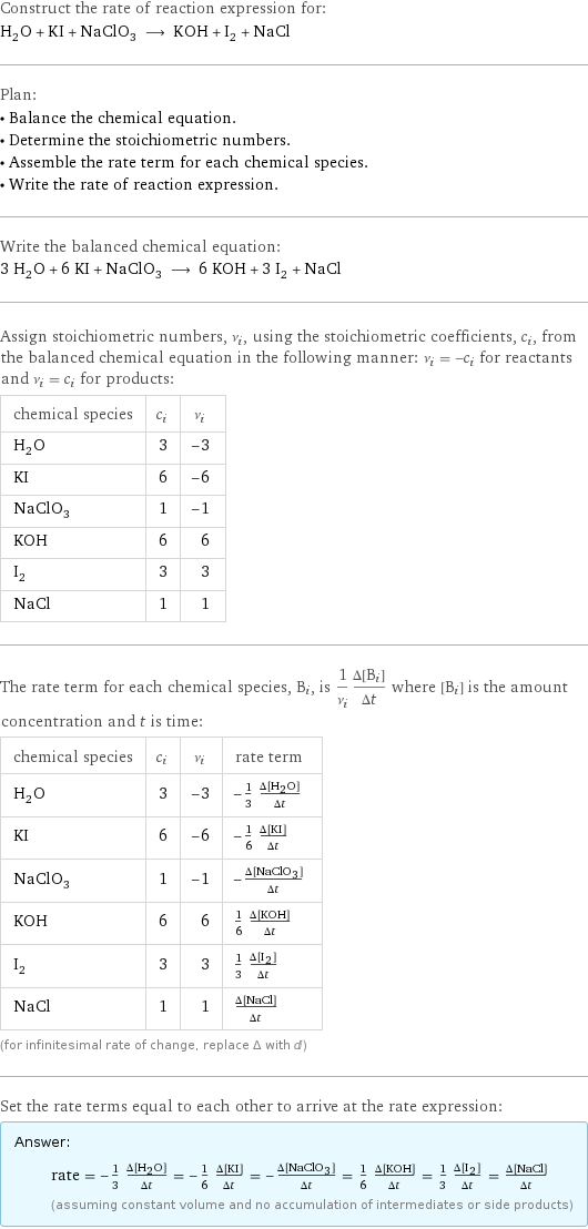 Construct the rate of reaction expression for: H_2O + KI + NaClO_3 ⟶ KOH + I_2 + NaCl Plan: • Balance the chemical equation. • Determine the stoichiometric numbers. • Assemble the rate term for each chemical species. • Write the rate of reaction expression. Write the balanced chemical equation: 3 H_2O + 6 KI + NaClO_3 ⟶ 6 KOH + 3 I_2 + NaCl Assign stoichiometric numbers, ν_i, using the stoichiometric coefficients, c_i, from the balanced chemical equation in the following manner: ν_i = -c_i for reactants and ν_i = c_i for products: chemical species | c_i | ν_i H_2O | 3 | -3 KI | 6 | -6 NaClO_3 | 1 | -1 KOH | 6 | 6 I_2 | 3 | 3 NaCl | 1 | 1 The rate term for each chemical species, B_i, is 1/ν_i(Δ[B_i])/(Δt) where [B_i] is the amount concentration and t is time: chemical species | c_i | ν_i | rate term H_2O | 3 | -3 | -1/3 (Δ[H2O])/(Δt) KI | 6 | -6 | -1/6 (Δ[KI])/(Δt) NaClO_3 | 1 | -1 | -(Δ[NaClO3])/(Δt) KOH | 6 | 6 | 1/6 (Δ[KOH])/(Δt) I_2 | 3 | 3 | 1/3 (Δ[I2])/(Δt) NaCl | 1 | 1 | (Δ[NaCl])/(Δt) (for infinitesimal rate of change, replace Δ with d) Set the rate terms equal to each other to arrive at the rate expression: Answer: |   | rate = -1/3 (Δ[H2O])/(Δt) = -1/6 (Δ[KI])/(Δt) = -(Δ[NaClO3])/(Δt) = 1/6 (Δ[KOH])/(Δt) = 1/3 (Δ[I2])/(Δt) = (Δ[NaCl])/(Δt) (assuming constant volume and no accumulation of intermediates or side products)