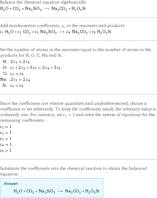 Balance the chemical equation algebraically: H_2O + CO_2 + Na_2SiO_3 ⟶ Na_2CO_3 + H_2O_3Si Add stoichiometric coefficients, c_i, to the reactants and products: c_1 H_2O + c_2 CO_2 + c_3 Na_2SiO_3 ⟶ c_4 Na_2CO_3 + c_5 H_2O_3Si Set the number of atoms in the reactants equal to the number of atoms in the products for H, O, C, Na and Si: H: | 2 c_1 = 2 c_5 O: | c_1 + 2 c_2 + 3 c_3 = 3 c_4 + 3 c_5 C: | c_2 = c_4 Na: | 2 c_3 = 2 c_4 Si: | c_3 = c_5 Since the coefficients are relative quantities and underdetermined, choose a coefficient to set arbitrarily. To keep the coefficients small, the arbitrary value is ordinarily one. For instance, set c_1 = 1 and solve the system of equations for the remaining coefficients: c_1 = 1 c_2 = 1 c_3 = 1 c_4 = 1 c_5 = 1 Substitute the coefficients into the chemical reaction to obtain the balanced equation: Answer: |   | H_2O + CO_2 + Na_2SiO_3 ⟶ Na_2CO_3 + H_2O_3Si