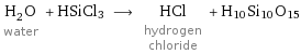 H_2O water + HSiCl3 ⟶ HCl hydrogen chloride + H10Si10O15