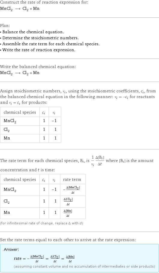 Construct the rate of reaction expression for: MnCl_2 ⟶ Cl_2 + Mn Plan: • Balance the chemical equation. • Determine the stoichiometric numbers. • Assemble the rate term for each chemical species. • Write the rate of reaction expression. Write the balanced chemical equation: MnCl_2 ⟶ Cl_2 + Mn Assign stoichiometric numbers, ν_i, using the stoichiometric coefficients, c_i, from the balanced chemical equation in the following manner: ν_i = -c_i for reactants and ν_i = c_i for products: chemical species | c_i | ν_i MnCl_2 | 1 | -1 Cl_2 | 1 | 1 Mn | 1 | 1 The rate term for each chemical species, B_i, is 1/ν_i(Δ[B_i])/(Δt) where [B_i] is the amount concentration and t is time: chemical species | c_i | ν_i | rate term MnCl_2 | 1 | -1 | -(Δ[MnCl2])/(Δt) Cl_2 | 1 | 1 | (Δ[Cl2])/(Δt) Mn | 1 | 1 | (Δ[Mn])/(Δt) (for infinitesimal rate of change, replace Δ with d) Set the rate terms equal to each other to arrive at the rate expression: Answer: |   | rate = -(Δ[MnCl2])/(Δt) = (Δ[Cl2])/(Δt) = (Δ[Mn])/(Δt) (assuming constant volume and no accumulation of intermediates or side products)