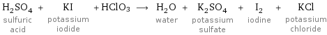 H_2SO_4 sulfuric acid + KI potassium iodide + HClO3 ⟶ H_2O water + K_2SO_4 potassium sulfate + I_2 iodine + KCl potassium chloride