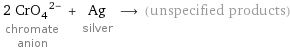 2 (CrO_4)^(2-) chromate anion + Ag silver ⟶ (unspecified products)