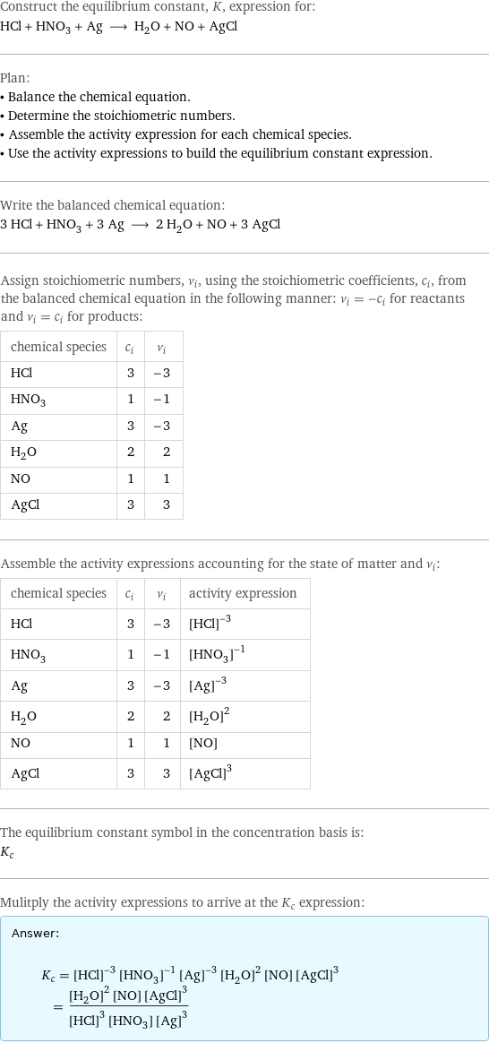 Construct the equilibrium constant, K, expression for: HCl + HNO_3 + Ag ⟶ H_2O + NO + AgCl Plan: • Balance the chemical equation. • Determine the stoichiometric numbers. • Assemble the activity expression for each chemical species. • Use the activity expressions to build the equilibrium constant expression. Write the balanced chemical equation: 3 HCl + HNO_3 + 3 Ag ⟶ 2 H_2O + NO + 3 AgCl Assign stoichiometric numbers, ν_i, using the stoichiometric coefficients, c_i, from the balanced chemical equation in the following manner: ν_i = -c_i for reactants and ν_i = c_i for products: chemical species | c_i | ν_i HCl | 3 | -3 HNO_3 | 1 | -1 Ag | 3 | -3 H_2O | 2 | 2 NO | 1 | 1 AgCl | 3 | 3 Assemble the activity expressions accounting for the state of matter and ν_i: chemical species | c_i | ν_i | activity expression HCl | 3 | -3 | ([HCl])^(-3) HNO_3 | 1 | -1 | ([HNO3])^(-1) Ag | 3 | -3 | ([Ag])^(-3) H_2O | 2 | 2 | ([H2O])^2 NO | 1 | 1 | [NO] AgCl | 3 | 3 | ([AgCl])^3 The equilibrium constant symbol in the concentration basis is: K_c Mulitply the activity expressions to arrive at the K_c expression: Answer: |   | K_c = ([HCl])^(-3) ([HNO3])^(-1) ([Ag])^(-3) ([H2O])^2 [NO] ([AgCl])^3 = (([H2O])^2 [NO] ([AgCl])^3)/(([HCl])^3 [HNO3] ([Ag])^3)