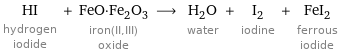 HI hydrogen iodide + FeO·Fe_2O_3 iron(II, III) oxide ⟶ H_2O water + I_2 iodine + FeI_2 ferrous iodide