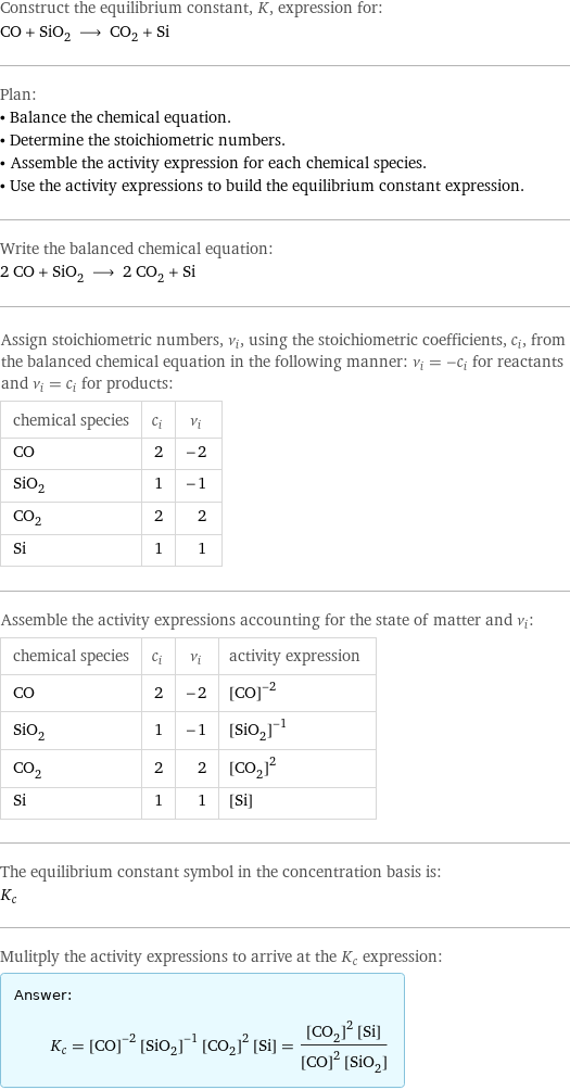 Construct the equilibrium constant, K, expression for: CO + SiO_2 ⟶ CO_2 + Si Plan: • Balance the chemical equation. • Determine the stoichiometric numbers. • Assemble the activity expression for each chemical species. • Use the activity expressions to build the equilibrium constant expression. Write the balanced chemical equation: 2 CO + SiO_2 ⟶ 2 CO_2 + Si Assign stoichiometric numbers, ν_i, using the stoichiometric coefficients, c_i, from the balanced chemical equation in the following manner: ν_i = -c_i for reactants and ν_i = c_i for products: chemical species | c_i | ν_i CO | 2 | -2 SiO_2 | 1 | -1 CO_2 | 2 | 2 Si | 1 | 1 Assemble the activity expressions accounting for the state of matter and ν_i: chemical species | c_i | ν_i | activity expression CO | 2 | -2 | ([CO])^(-2) SiO_2 | 1 | -1 | ([SiO2])^(-1) CO_2 | 2 | 2 | ([CO2])^2 Si | 1 | 1 | [Si] The equilibrium constant symbol in the concentration basis is: K_c Mulitply the activity expressions to arrive at the K_c expression: Answer: |   | K_c = ([CO])^(-2) ([SiO2])^(-1) ([CO2])^2 [Si] = (([CO2])^2 [Si])/(([CO])^2 [SiO2])