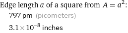 Edge length a of a square from A = a^2:  | 797 pm (picometers)  | 3.1×10^-8 inches