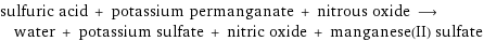 sulfuric acid + potassium permanganate + nitrous oxide ⟶ water + potassium sulfate + nitric oxide + manganese(II) sulfate