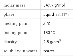 molar mass | 347.7 g/mol phase | liquid (at STP) melting point | 5 °C boiling point | 153 °C density | 2.8 g/cm^3 solubility in water | reacts