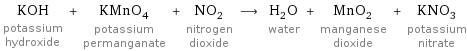 KOH potassium hydroxide + KMnO_4 potassium permanganate + NO_2 nitrogen dioxide ⟶ H_2O water + MnO_2 manganese dioxide + KNO_3 potassium nitrate