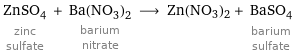 ZnSO_4 zinc sulfate + Ba(NO_3)_2 barium nitrate ⟶ Zn(NO3)2 + BaSO_4 barium sulfate