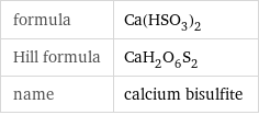 formula | Ca(HSO_3)_2 Hill formula | CaH_2O_6S_2 name | calcium bisulfite