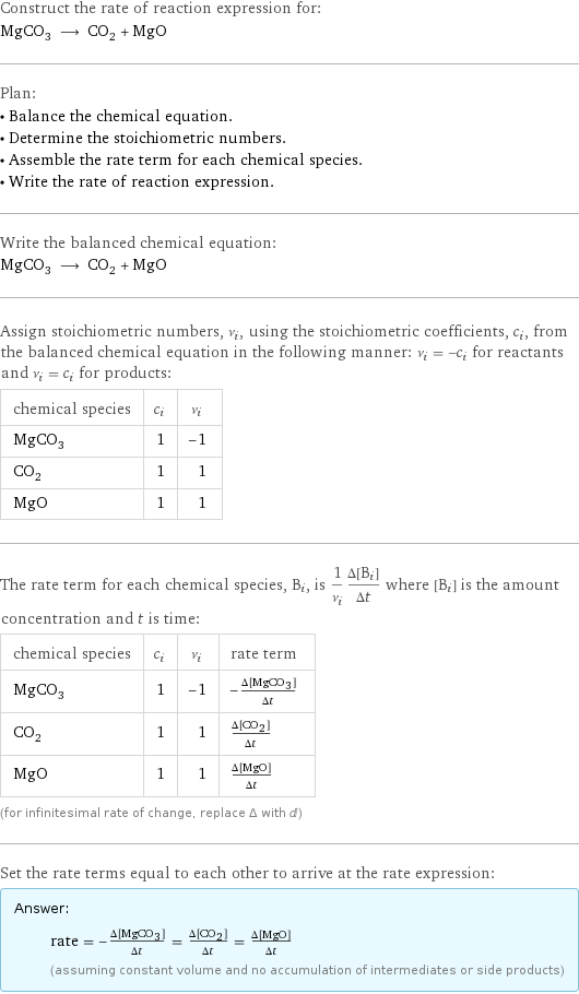 Construct the rate of reaction expression for: MgCO_3 ⟶ CO_2 + MgO Plan: • Balance the chemical equation. • Determine the stoichiometric numbers. • Assemble the rate term for each chemical species. • Write the rate of reaction expression. Write the balanced chemical equation: MgCO_3 ⟶ CO_2 + MgO Assign stoichiometric numbers, ν_i, using the stoichiometric coefficients, c_i, from the balanced chemical equation in the following manner: ν_i = -c_i for reactants and ν_i = c_i for products: chemical species | c_i | ν_i MgCO_3 | 1 | -1 CO_2 | 1 | 1 MgO | 1 | 1 The rate term for each chemical species, B_i, is 1/ν_i(Δ[B_i])/(Δt) where [B_i] is the amount concentration and t is time: chemical species | c_i | ν_i | rate term MgCO_3 | 1 | -1 | -(Δ[MgCO3])/(Δt) CO_2 | 1 | 1 | (Δ[CO2])/(Δt) MgO | 1 | 1 | (Δ[MgO])/(Δt) (for infinitesimal rate of change, replace Δ with d) Set the rate terms equal to each other to arrive at the rate expression: Answer: |   | rate = -(Δ[MgCO3])/(Δt) = (Δ[CO2])/(Δt) = (Δ[MgO])/(Δt) (assuming constant volume and no accumulation of intermediates or side products)