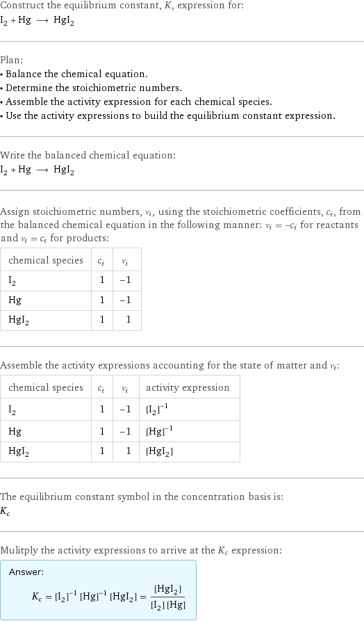 Construct the equilibrium constant, K, expression for: I_2 + Hg ⟶ HgI_2 Plan: • Balance the chemical equation. • Determine the stoichiometric numbers. • Assemble the activity expression for each chemical species. • Use the activity expressions to build the equilibrium constant expression. Write the balanced chemical equation: I_2 + Hg ⟶ HgI_2 Assign stoichiometric numbers, ν_i, using the stoichiometric coefficients, c_i, from the balanced chemical equation in the following manner: ν_i = -c_i for reactants and ν_i = c_i for products: chemical species | c_i | ν_i I_2 | 1 | -1 Hg | 1 | -1 HgI_2 | 1 | 1 Assemble the activity expressions accounting for the state of matter and ν_i: chemical species | c_i | ν_i | activity expression I_2 | 1 | -1 | ([I2])^(-1) Hg | 1 | -1 | ([Hg])^(-1) HgI_2 | 1 | 1 | [HgI2] The equilibrium constant symbol in the concentration basis is: K_c Mulitply the activity expressions to arrive at the K_c expression: Answer: |   | K_c = ([I2])^(-1) ([Hg])^(-1) [HgI2] = ([HgI2])/([I2] [Hg])