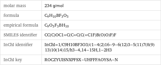 molar mass | 234 g/mol formula | C_9H_10BF_3O_3 empirical formula | C_9O_3F_3B_H_10 SMILES identifier | CC(C)OC1=C(C=C(C(=C1F)B(O)O)F)F InChI identifier | InChI=1/C9H10BF3O3/c1-4(2)16-9-6(12)3-5(11)7(8(9)13)10(14)15/h3-4, 14-15H, 1-2H3 InChI key | ROCZYUISNXPFSX-UHFFFAOYSA-N