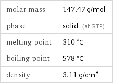 molar mass | 147.47 g/mol phase | solid (at STP) melting point | 310 °C boiling point | 578 °C density | 3.11 g/cm^3