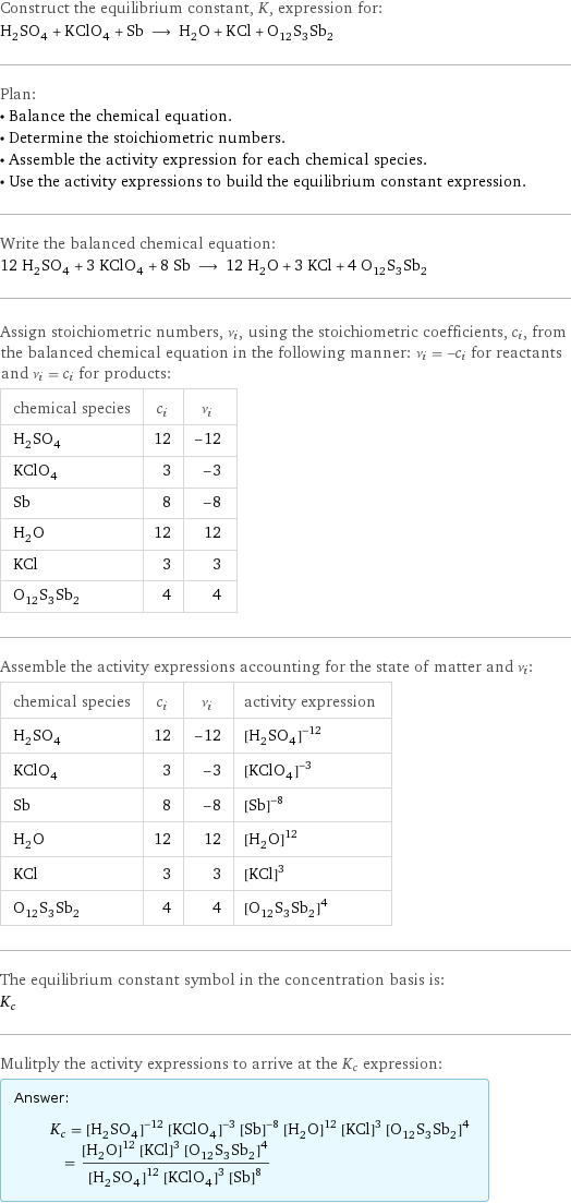 Construct the equilibrium constant, K, expression for: H_2SO_4 + KClO_4 + Sb ⟶ H_2O + KCl + O_12S_3Sb_2 Plan: • Balance the chemical equation. • Determine the stoichiometric numbers. • Assemble the activity expression for each chemical species. • Use the activity expressions to build the equilibrium constant expression. Write the balanced chemical equation: 12 H_2SO_4 + 3 KClO_4 + 8 Sb ⟶ 12 H_2O + 3 KCl + 4 O_12S_3Sb_2 Assign stoichiometric numbers, ν_i, using the stoichiometric coefficients, c_i, from the balanced chemical equation in the following manner: ν_i = -c_i for reactants and ν_i = c_i for products: chemical species | c_i | ν_i H_2SO_4 | 12 | -12 KClO_4 | 3 | -3 Sb | 8 | -8 H_2O | 12 | 12 KCl | 3 | 3 O_12S_3Sb_2 | 4 | 4 Assemble the activity expressions accounting for the state of matter and ν_i: chemical species | c_i | ν_i | activity expression H_2SO_4 | 12 | -12 | ([H2SO4])^(-12) KClO_4 | 3 | -3 | ([KClO4])^(-3) Sb | 8 | -8 | ([Sb])^(-8) H_2O | 12 | 12 | ([H2O])^12 KCl | 3 | 3 | ([KCl])^3 O_12S_3Sb_2 | 4 | 4 | ([O12S3Sb2])^4 The equilibrium constant symbol in the concentration basis is: K_c Mulitply the activity expressions to arrive at the K_c expression: Answer: |   | K_c = ([H2SO4])^(-12) ([KClO4])^(-3) ([Sb])^(-8) ([H2O])^12 ([KCl])^3 ([O12S3Sb2])^4 = (([H2O])^12 ([KCl])^3 ([O12S3Sb2])^4)/(([H2SO4])^12 ([KClO4])^3 ([Sb])^8)