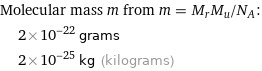 Molecular mass m from m = M_rM_u/N_A:  | 2×10^-22 grams  | 2×10^-25 kg (kilograms)