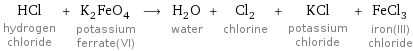 HCl hydrogen chloride + K_2FeO_4 potassium ferrate(VI) ⟶ H_2O water + Cl_2 chlorine + KCl potassium chloride + FeCl_3 iron(III) chloride