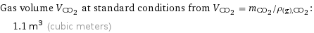 Gas volume V_(CO_2) at standard conditions from V_(CO_2) = m_(CO_2)/ρ_((g), CO_2):  | 1.1 m^3 (cubic meters)