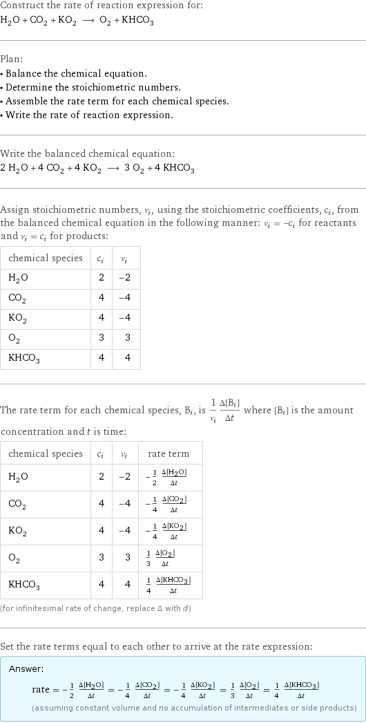 Construct the rate of reaction expression for: H_2O + CO_2 + KO_2 ⟶ O_2 + KHCO_3 Plan: • Balance the chemical equation. • Determine the stoichiometric numbers. • Assemble the rate term for each chemical species. • Write the rate of reaction expression. Write the balanced chemical equation: 2 H_2O + 4 CO_2 + 4 KO_2 ⟶ 3 O_2 + 4 KHCO_3 Assign stoichiometric numbers, ν_i, using the stoichiometric coefficients, c_i, from the balanced chemical equation in the following manner: ν_i = -c_i for reactants and ν_i = c_i for products: chemical species | c_i | ν_i H_2O | 2 | -2 CO_2 | 4 | -4 KO_2 | 4 | -4 O_2 | 3 | 3 KHCO_3 | 4 | 4 The rate term for each chemical species, B_i, is 1/ν_i(Δ[B_i])/(Δt) where [B_i] is the amount concentration and t is time: chemical species | c_i | ν_i | rate term H_2O | 2 | -2 | -1/2 (Δ[H2O])/(Δt) CO_2 | 4 | -4 | -1/4 (Δ[CO2])/(Δt) KO_2 | 4 | -4 | -1/4 (Δ[KO2])/(Δt) O_2 | 3 | 3 | 1/3 (Δ[O2])/(Δt) KHCO_3 | 4 | 4 | 1/4 (Δ[KHCO3])/(Δt) (for infinitesimal rate of change, replace Δ with d) Set the rate terms equal to each other to arrive at the rate expression: Answer: |   | rate = -1/2 (Δ[H2O])/(Δt) = -1/4 (Δ[CO2])/(Δt) = -1/4 (Δ[KO2])/(Δt) = 1/3 (Δ[O2])/(Δt) = 1/4 (Δ[KHCO3])/(Δt) (assuming constant volume and no accumulation of intermediates or side products)