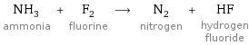 NH_3 ammonia + F_2 fluorine ⟶ N_2 nitrogen + HF hydrogen fluoride