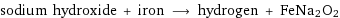 sodium hydroxide + iron ⟶ hydrogen + FeNa2O2