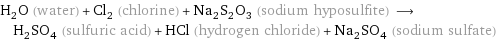 H_2O (water) + Cl_2 (chlorine) + Na_2S_2O_3 (sodium hyposulfite) ⟶ H_2SO_4 (sulfuric acid) + HCl (hydrogen chloride) + Na_2SO_4 (sodium sulfate)