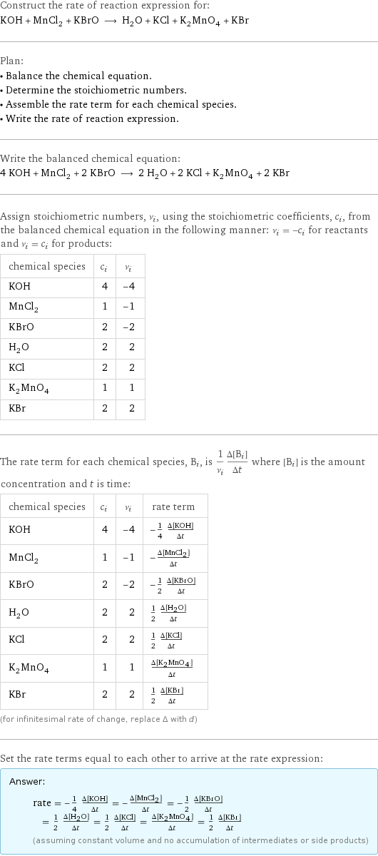 Construct the rate of reaction expression for: KOH + MnCl_2 + KBrO ⟶ H_2O + KCl + K_2MnO_4 + KBr Plan: • Balance the chemical equation. • Determine the stoichiometric numbers. • Assemble the rate term for each chemical species. • Write the rate of reaction expression. Write the balanced chemical equation: 4 KOH + MnCl_2 + 2 KBrO ⟶ 2 H_2O + 2 KCl + K_2MnO_4 + 2 KBr Assign stoichiometric numbers, ν_i, using the stoichiometric coefficients, c_i, from the balanced chemical equation in the following manner: ν_i = -c_i for reactants and ν_i = c_i for products: chemical species | c_i | ν_i KOH | 4 | -4 MnCl_2 | 1 | -1 KBrO | 2 | -2 H_2O | 2 | 2 KCl | 2 | 2 K_2MnO_4 | 1 | 1 KBr | 2 | 2 The rate term for each chemical species, B_i, is 1/ν_i(Δ[B_i])/(Δt) where [B_i] is the amount concentration and t is time: chemical species | c_i | ν_i | rate term KOH | 4 | -4 | -1/4 (Δ[KOH])/(Δt) MnCl_2 | 1 | -1 | -(Δ[MnCl2])/(Δt) KBrO | 2 | -2 | -1/2 (Δ[KBrO])/(Δt) H_2O | 2 | 2 | 1/2 (Δ[H2O])/(Δt) KCl | 2 | 2 | 1/2 (Δ[KCl])/(Δt) K_2MnO_4 | 1 | 1 | (Δ[K2MnO4])/(Δt) KBr | 2 | 2 | 1/2 (Δ[KBr])/(Δt) (for infinitesimal rate of change, replace Δ with d) Set the rate terms equal to each other to arrive at the rate expression: Answer: |   | rate = -1/4 (Δ[KOH])/(Δt) = -(Δ[MnCl2])/(Δt) = -1/2 (Δ[KBrO])/(Δt) = 1/2 (Δ[H2O])/(Δt) = 1/2 (Δ[KCl])/(Δt) = (Δ[K2MnO4])/(Δt) = 1/2 (Δ[KBr])/(Δt) (assuming constant volume and no accumulation of intermediates or side products)