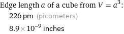 Edge length a of a cube from V = a^3:  | 226 pm (picometers)  | 8.9×10^-9 inches