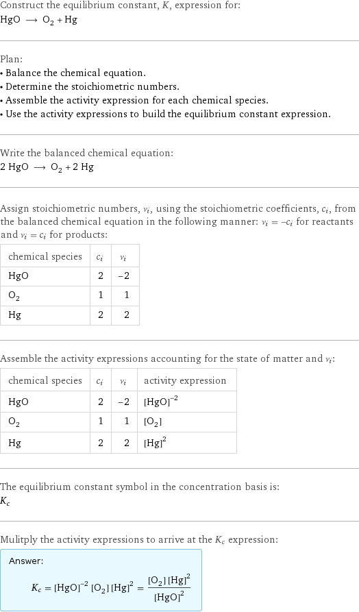 Construct the equilibrium constant, K, expression for: HgO ⟶ O_2 + Hg Plan: • Balance the chemical equation. • Determine the stoichiometric numbers. • Assemble the activity expression for each chemical species. • Use the activity expressions to build the equilibrium constant expression. Write the balanced chemical equation: 2 HgO ⟶ O_2 + 2 Hg Assign stoichiometric numbers, ν_i, using the stoichiometric coefficients, c_i, from the balanced chemical equation in the following manner: ν_i = -c_i for reactants and ν_i = c_i for products: chemical species | c_i | ν_i HgO | 2 | -2 O_2 | 1 | 1 Hg | 2 | 2 Assemble the activity expressions accounting for the state of matter and ν_i: chemical species | c_i | ν_i | activity expression HgO | 2 | -2 | ([HgO])^(-2) O_2 | 1 | 1 | [O2] Hg | 2 | 2 | ([Hg])^2 The equilibrium constant symbol in the concentration basis is: K_c Mulitply the activity expressions to arrive at the K_c expression: Answer: |   | K_c = ([HgO])^(-2) [O2] ([Hg])^2 = ([O2] ([Hg])^2)/([HgO])^2