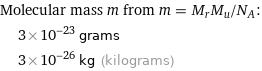 Molecular mass m from m = M_rM_u/N_A:  | 3×10^-23 grams  | 3×10^-26 kg (kilograms)