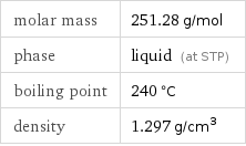 molar mass | 251.28 g/mol phase | liquid (at STP) boiling point | 240 °C density | 1.297 g/cm^3