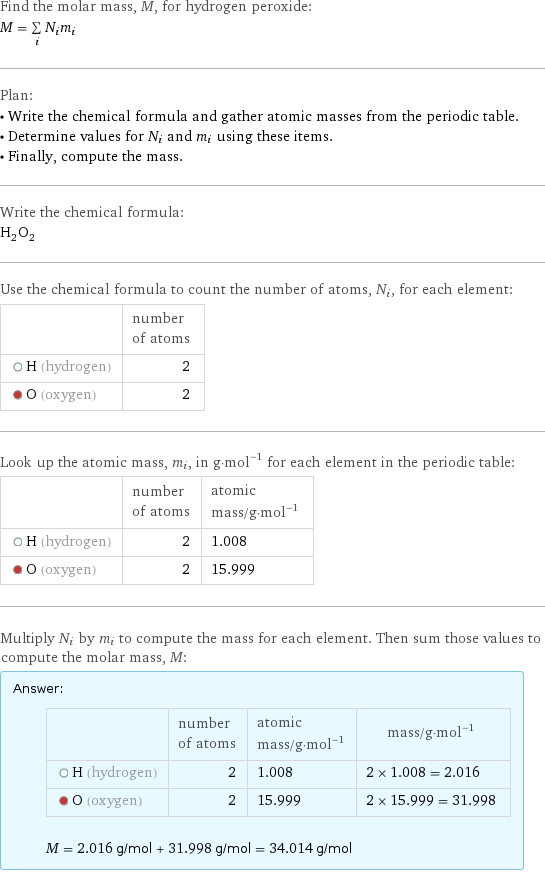 Find the molar mass, M, for hydrogen peroxide: M = sum _iN_im_i Plan: • Write the chemical formula and gather atomic masses from the periodic table. • Determine values for N_i and m_i using these items. • Finally, compute the mass. Write the chemical formula: H_2O_2 Use the chemical formula to count the number of atoms, N_i, for each element:  | number of atoms  H (hydrogen) | 2  O (oxygen) | 2 Look up the atomic mass, m_i, in g·mol^(-1) for each element in the periodic table:  | number of atoms | atomic mass/g·mol^(-1)  H (hydrogen) | 2 | 1.008  O (oxygen) | 2 | 15.999 Multiply N_i by m_i to compute the mass for each element. Then sum those values to compute the molar mass, M: Answer: |   | | number of atoms | atomic mass/g·mol^(-1) | mass/g·mol^(-1)  H (hydrogen) | 2 | 1.008 | 2 × 1.008 = 2.016  O (oxygen) | 2 | 15.999 | 2 × 15.999 = 31.998  M = 2.016 g/mol + 31.998 g/mol = 34.014 g/mol