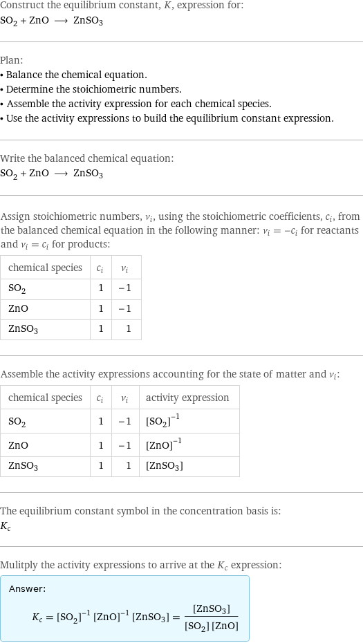 Construct the equilibrium constant, K, expression for: SO_2 + ZnO ⟶ ZnSO3 Plan: • Balance the chemical equation. • Determine the stoichiometric numbers. • Assemble the activity expression for each chemical species. • Use the activity expressions to build the equilibrium constant expression. Write the balanced chemical equation: SO_2 + ZnO ⟶ ZnSO3 Assign stoichiometric numbers, ν_i, using the stoichiometric coefficients, c_i, from the balanced chemical equation in the following manner: ν_i = -c_i for reactants and ν_i = c_i for products: chemical species | c_i | ν_i SO_2 | 1 | -1 ZnO | 1 | -1 ZnSO3 | 1 | 1 Assemble the activity expressions accounting for the state of matter and ν_i: chemical species | c_i | ν_i | activity expression SO_2 | 1 | -1 | ([SO2])^(-1) ZnO | 1 | -1 | ([ZnO])^(-1) ZnSO3 | 1 | 1 | [ZnSO3] The equilibrium constant symbol in the concentration basis is: K_c Mulitply the activity expressions to arrive at the K_c expression: Answer: |   | K_c = ([SO2])^(-1) ([ZnO])^(-1) [ZnSO3] = ([ZnSO3])/([SO2] [ZnO])