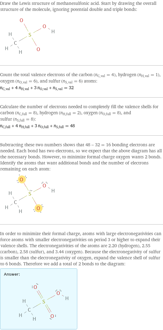 Draw the Lewis structure of methanesulfonic acid. Start by drawing the overall structure of the molecule, ignoring potential double and triple bonds:  Count the total valence electrons of the carbon (n_C, val = 4), hydrogen (n_H, val = 1), oxygen (n_O, val = 6), and sulfur (n_S, val = 6) atoms: n_C, val + 4 n_H, val + 3 n_O, val + n_S, val = 32 Calculate the number of electrons needed to completely fill the valence shells for carbon (n_C, full = 8), hydrogen (n_H, full = 2), oxygen (n_O, full = 8), and sulfur (n_S, full = 8): n_C, full + 4 n_H, full + 3 n_O, full + n_S, full = 48 Subtracting these two numbers shows that 48 - 32 = 16 bonding electrons are needed. Each bond has two electrons, so we expect that the above diagram has all the necessary bonds. However, to minimize formal charge oxygen wants 2 bonds. Identify the atoms that want additional bonds and the number of electrons remaining on each atom:  In order to minimize their formal charge, atoms with large electronegativities can force atoms with smaller electronegativities on period 3 or higher to expand their valence shells. The electronegativities of the atoms are 2.20 (hydrogen), 2.55 (carbon), 2.58 (sulfur), and 3.44 (oxygen). Because the electronegativity of sulfur is smaller than the electronegativity of oxygen, expand the valence shell of sulfur to 6 bonds. Therefore we add a total of 2 bonds to the diagram: Answer: |   | 