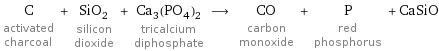 C activated charcoal + SiO_2 silicon dioxide + Ca_3(PO_4)_2 tricalcium diphosphate ⟶ CO carbon monoxide + P red phosphorus + CaSiO