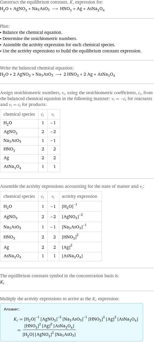Construct the equilibrium constant, K, expression for: H_2O + AgNO_3 + Na3AsO3 ⟶ HNO_3 + Ag + AsNa_3O_4 Plan: • Balance the chemical equation. • Determine the stoichiometric numbers. • Assemble the activity expression for each chemical species. • Use the activity expressions to build the equilibrium constant expression. Write the balanced chemical equation: H_2O + 2 AgNO_3 + Na3AsO3 ⟶ 2 HNO_3 + 2 Ag + AsNa_3O_4 Assign stoichiometric numbers, ν_i, using the stoichiometric coefficients, c_i, from the balanced chemical equation in the following manner: ν_i = -c_i for reactants and ν_i = c_i for products: chemical species | c_i | ν_i H_2O | 1 | -1 AgNO_3 | 2 | -2 Na3AsO3 | 1 | -1 HNO_3 | 2 | 2 Ag | 2 | 2 AsNa_3O_4 | 1 | 1 Assemble the activity expressions accounting for the state of matter and ν_i: chemical species | c_i | ν_i | activity expression H_2O | 1 | -1 | ([H2O])^(-1) AgNO_3 | 2 | -2 | ([AgNO3])^(-2) Na3AsO3 | 1 | -1 | ([Na3AsO3])^(-1) HNO_3 | 2 | 2 | ([HNO3])^2 Ag | 2 | 2 | ([Ag])^2 AsNa_3O_4 | 1 | 1 | [AsNa3O4] The equilibrium constant symbol in the concentration basis is: K_c Mulitply the activity expressions to arrive at the K_c expression: Answer: |   | K_c = ([H2O])^(-1) ([AgNO3])^(-2) ([Na3AsO3])^(-1) ([HNO3])^2 ([Ag])^2 [AsNa3O4] = (([HNO3])^2 ([Ag])^2 [AsNa3O4])/([H2O] ([AgNO3])^2 [Na3AsO3])