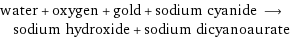 water + oxygen + gold + sodium cyanide ⟶ sodium hydroxide + sodium dicyanoaurate