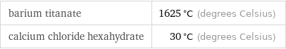 barium titanate | 1625 °C (degrees Celsius) calcium chloride hexahydrate | 30 °C (degrees Celsius)