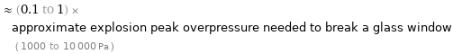  ≈ (0.1 to 1) × approximate explosion peak overpressure needed to break a glass window ( 1000 to 10000 Pa )