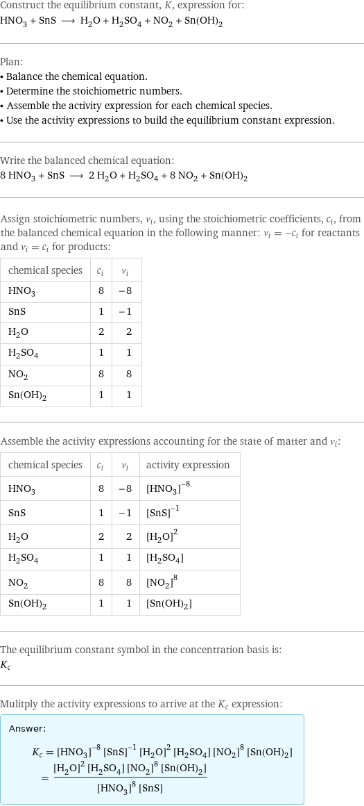 Construct the equilibrium constant, K, expression for: HNO_3 + SnS ⟶ H_2O + H_2SO_4 + NO_2 + Sn(OH)_2 Plan: • Balance the chemical equation. • Determine the stoichiometric numbers. • Assemble the activity expression for each chemical species. • Use the activity expressions to build the equilibrium constant expression. Write the balanced chemical equation: 8 HNO_3 + SnS ⟶ 2 H_2O + H_2SO_4 + 8 NO_2 + Sn(OH)_2 Assign stoichiometric numbers, ν_i, using the stoichiometric coefficients, c_i, from the balanced chemical equation in the following manner: ν_i = -c_i for reactants and ν_i = c_i for products: chemical species | c_i | ν_i HNO_3 | 8 | -8 SnS | 1 | -1 H_2O | 2 | 2 H_2SO_4 | 1 | 1 NO_2 | 8 | 8 Sn(OH)_2 | 1 | 1 Assemble the activity expressions accounting for the state of matter and ν_i: chemical species | c_i | ν_i | activity expression HNO_3 | 8 | -8 | ([HNO3])^(-8) SnS | 1 | -1 | ([SnS])^(-1) H_2O | 2 | 2 | ([H2O])^2 H_2SO_4 | 1 | 1 | [H2SO4] NO_2 | 8 | 8 | ([NO2])^8 Sn(OH)_2 | 1 | 1 | [Sn(OH)2] The equilibrium constant symbol in the concentration basis is: K_c Mulitply the activity expressions to arrive at the K_c expression: Answer: |   | K_c = ([HNO3])^(-8) ([SnS])^(-1) ([H2O])^2 [H2SO4] ([NO2])^8 [Sn(OH)2] = (([H2O])^2 [H2SO4] ([NO2])^8 [Sn(OH)2])/(([HNO3])^8 [SnS])